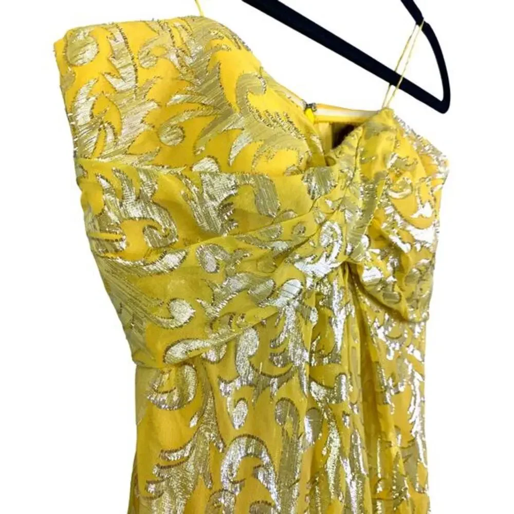 NICOLE MILLER Dress Strapless Silk‎ Chiffon Gold Lurex Maxi Hidden Zipper Formal